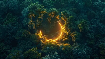 Wall Mural - neon crescent glowing in the midst of a dense forest of vibrant chartreuse and gleaming sapphire