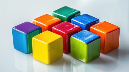 Wall Mural - A group of colorful cubes arranged in a 3x3 grid. The cubes are painted in red, orange, yellow, green, blue, and purple.