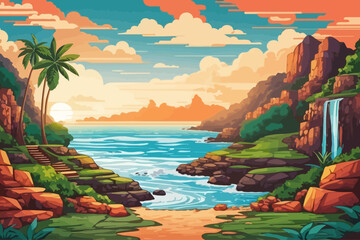 Wall Mural - beach cove paradise jungle illustration
