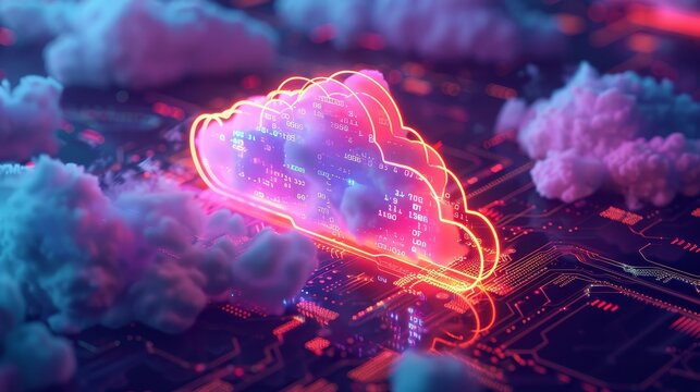A neon cloud, representing cloud computing, in an isometric setting with colorful accents