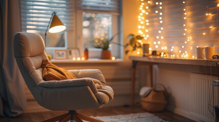 Serene Home Office Space with Cozy Chair and Warm Bokeh Lights for Productivity and Comfort