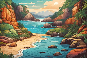 Wall Mural - beach cove paradise jungle illustration