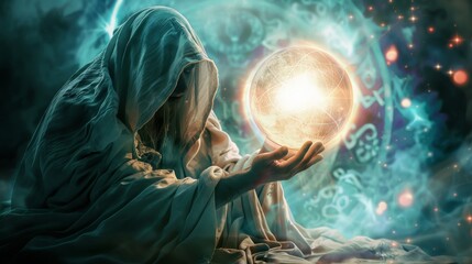 Poster - Mystical Vision Enchanting Figure with Crystal Ball and Magical Symbols