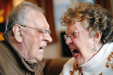 A frustrated elderly husband and wife argue loudly, serious family problems and conflicts