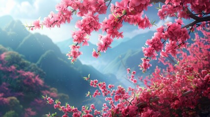 Wall Mural - Blooming cherry trees adorn mountain landscape