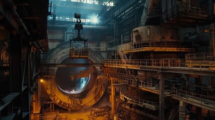 A large industrial building with a large hole in the middle