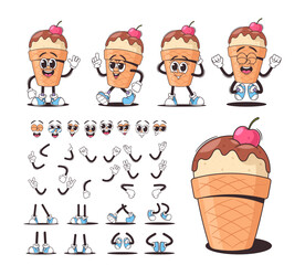 Wall Mural - vector set of retro cartoon ice cream cone characters with different facial expressions and body par