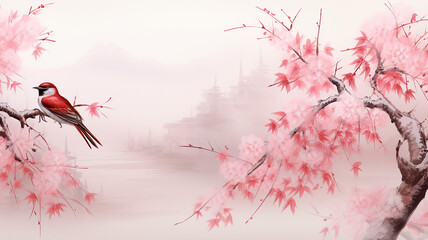 Wall Mural - A bird sits on a sakura branch, watercolor Asian-style background postcard