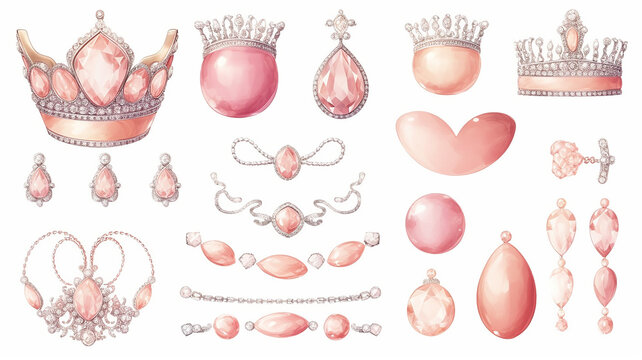 a set of pink icons of royal jewelry on a white background