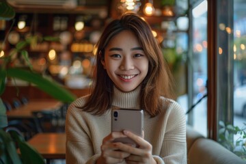 Poster - Woman smiling phone cafe