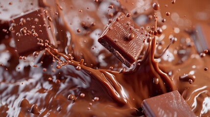 crisp and clear hd photograph of chocolate bar chunks falling into a sumptuous chocolate pool.