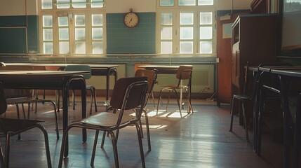 Empty chairs and tables in classroom No people in school classroom