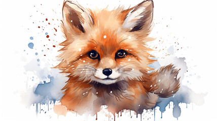 Wall Mural - Cunning red fox, an eared predator, a wild beast in colored splashes of watercolor paints