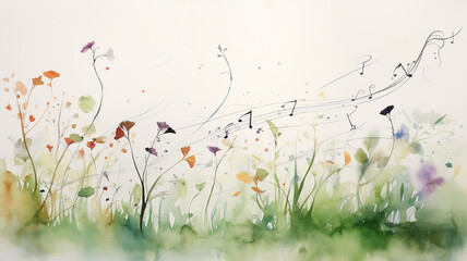 Wall Mural - Musical notes among wildflowers, background postcard in watercolor style