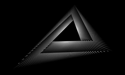 Wall Mural - Triangle with lines, perspective view. White triangle over black background. Can be used as logo, icon, tattoo. Optical illusion effect.