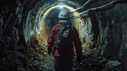 A man in a helmet and a backpack explores a dark underground tunnel with a flashlight. His attitude expresses determination and courage in discovering mysterious corners.