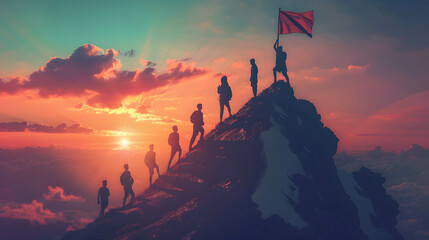 Wall Mural - Qualities or feature of leadership and being respected, the leader hold a flag on top of the mountain and is followed by others, leader concept