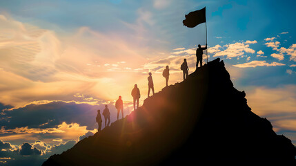 Wall Mural - Qualities or feature of leadership and being respected, the leader hold a flag on top of the mountain and is followed by others, leader concept