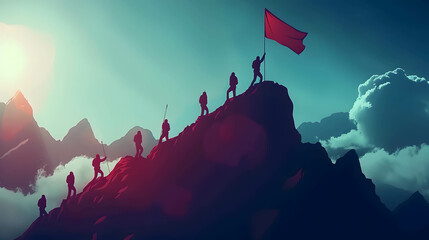 Wall Mural - Qualities or feature of leadership and being respected, the leader hold a flag on top of the mountain and is followed by others, leader concept