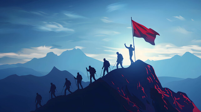 Qualities or feature of leadership and being respected, the leader hold a flag on top of the mountain and is followed by others, leader concept