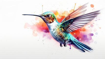 Wall Mural - Hummingbird watercolor illustration, spots of liquid paint isolated on a white background