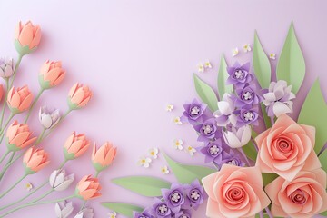Wall Mural - Flowers paper cut design. Beautiful spring paper cut flowers on soft color background. Valentine's Day, Birthday, Happy Woman Day, Mother's Day. Holiday poster and banner with flower papercut