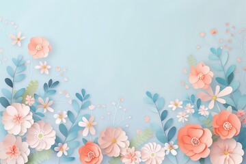 Wall Mural - Flowers paper cut design. Beautiful spring paper cut flowers on soft color background. Valentine's Day, Birthday, Happy Woman Day, Mother's Day. Holiday poster and banner with flower papercut