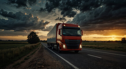 Transport truck driving on asphalt road in a rural landscape.