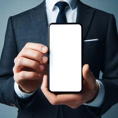 A man in a suit holding a mockup phone white eye-catching descriptive high-quality realistic.