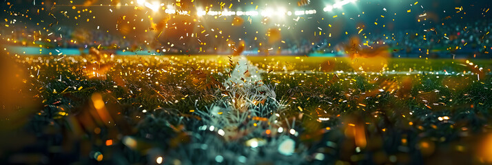 Wall Mural - A soccer championship win in the evening stadium arena! Tinsel and confetti. Toning in yellow.