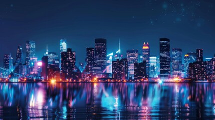 Poster - A dynamic urban skyline background at night with twinkling city lights and skyscrapers, suggesting modernity and excitement