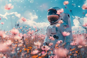astronaut in space suit among vibrant flowers in summer meadow. surreal portrait of a space traveler