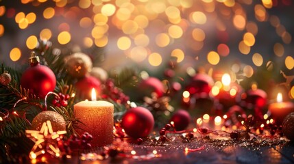 Fototapete - A festive holiday background with twinkling fairy lights and decorations, evoking warmth and celebration