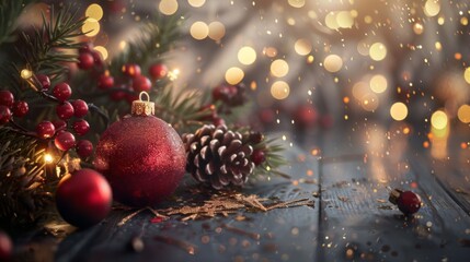 Fototapete - A festive holiday background with twinkling fairy lights and decorations, evoking warmth and celebration