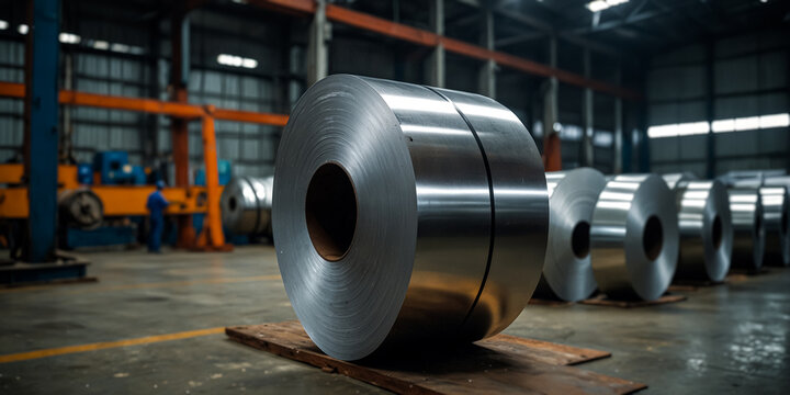Rolls of metal sheet. Zinc, aluminium or steel sheet rolls on in factory.
