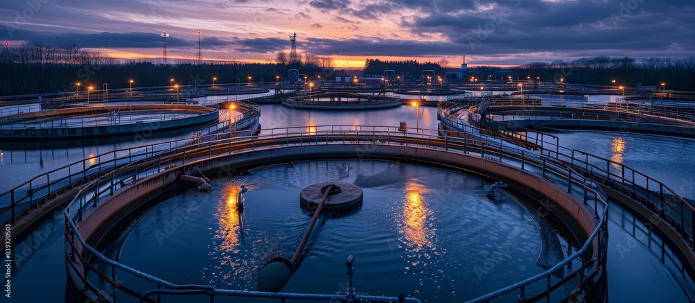 Aerial View of Modern Wastewater Treatment Plant at Sunset with ...
