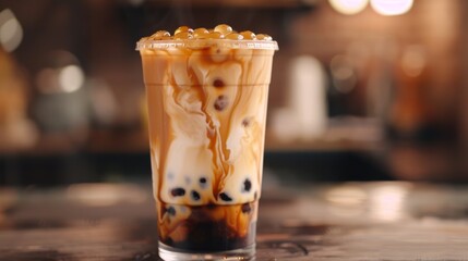 A glass of brown sugar bubble milk tea with a caramelized swirl, tempting with its rich and indulgent flavor