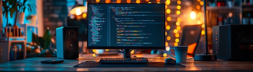 Computer screen with code on a cluttered desk, colorful and busy