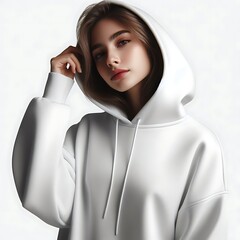 Wall Mural - A woman in a white hoodie highquality creative harmony engaging professional.