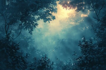  A serene forest scene with the sun casting ethereal beams of light through a dense blanket of mist among the foliage