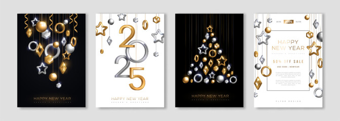 Wall Mural - Merry Christmas and New Year posters set with gold and silver bauble, 2025 numbers. Vector illustration. Winter holiday invite, geometric decorations. Minimal flyer, brochure voucher template.