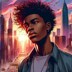 Wall Mural - Illustration of portrait of a young black afro american man in bustling skyscraper city.