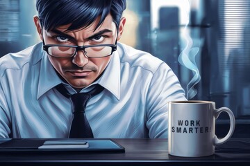 Wall Mural - A man in a tie and glasses sitting at his desk with coffee cup, AI