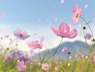 Poster - Enchanting Pink Cosmos Flowers Swaying in Gentle Breeze on Dreamy Floral Background