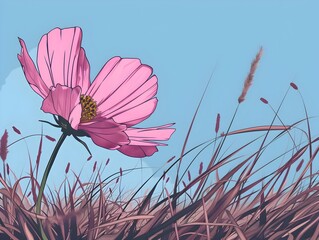 Poster - Captivating Pink Cosmos Flower Swaying Gently in the Breeze Against Tranquil Sky Background