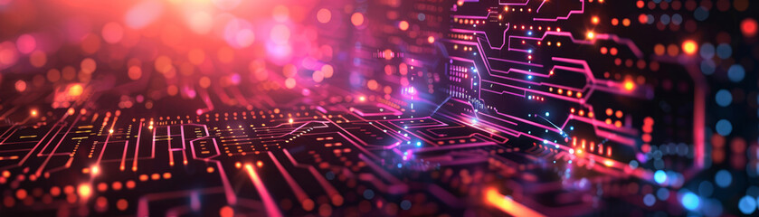 Poster - Colorful close-up of illuminated circuit board showcasing intricate electronic details with vibrant glowing pathways in futuristic technology environment.