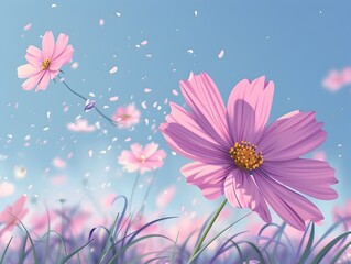 Poster - Enchanting Pink Cosmos Flowers Swaying in the Gentle Breeze of a Serene Meadow