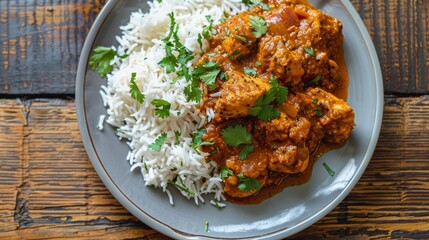 A plate of mouthwatering chicken vindaloo, a spicy and tangy Goan curry, served with fragrant jeera rice