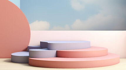Wall Mural - Minimalistic Abstract Podium and Empty Showcase with Primitive Shapes in Pastel Colors - 3D Rendering Stock Illustration