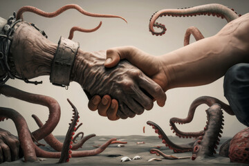 Sticker - A man and a monster shaking hands in front of an octopus, AI